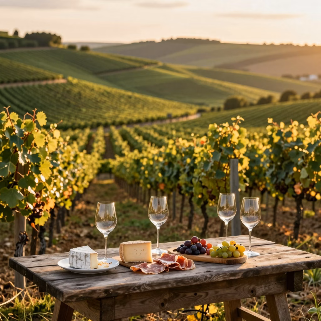 Vignoble fran&ccedil;ais avec table de d&eacute;gustation terroir fromages et charcuterie