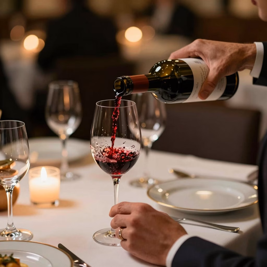 Sommelier versant du vin rouge dans un restaurant fran&ccedil;ais &eacute;l&eacute;gant