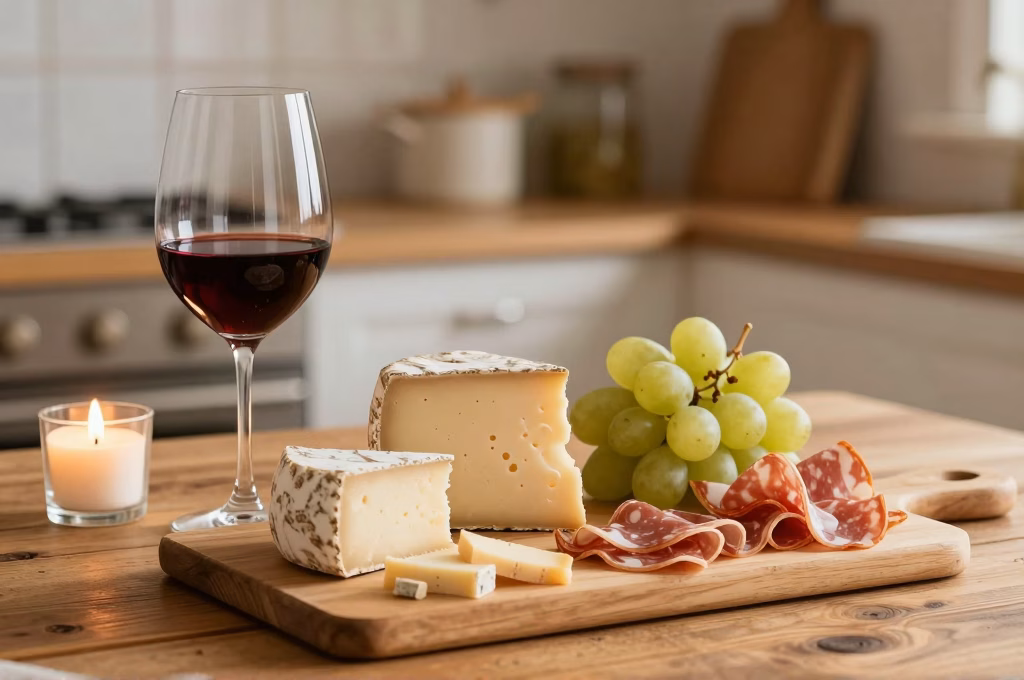 Accord mets vins avec plateau de fromages et charcuterie sur table en bois rustique