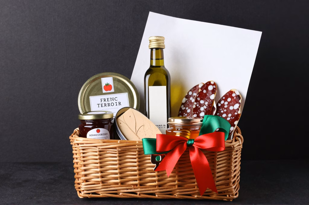 Coffret cadeau gourmand de produits du terroir francais avec confitures foie gras huile et saucisson