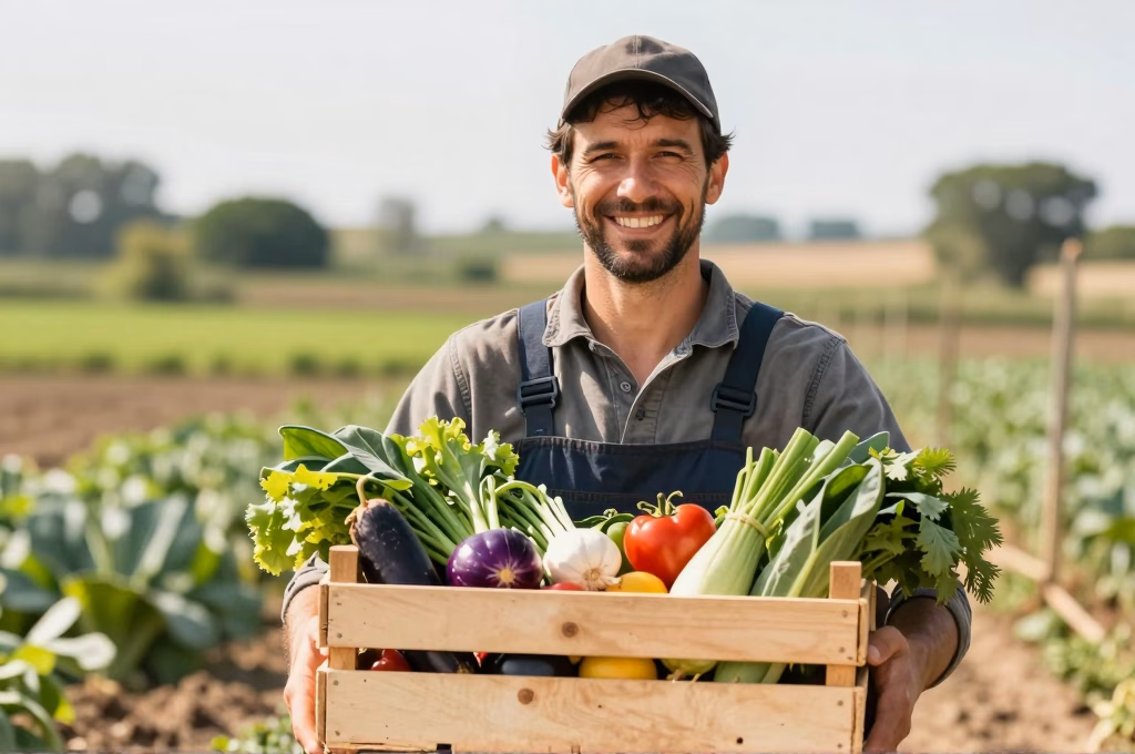 Producteur local tenant une caisse de legumes bio frais pour vente directe circuit court