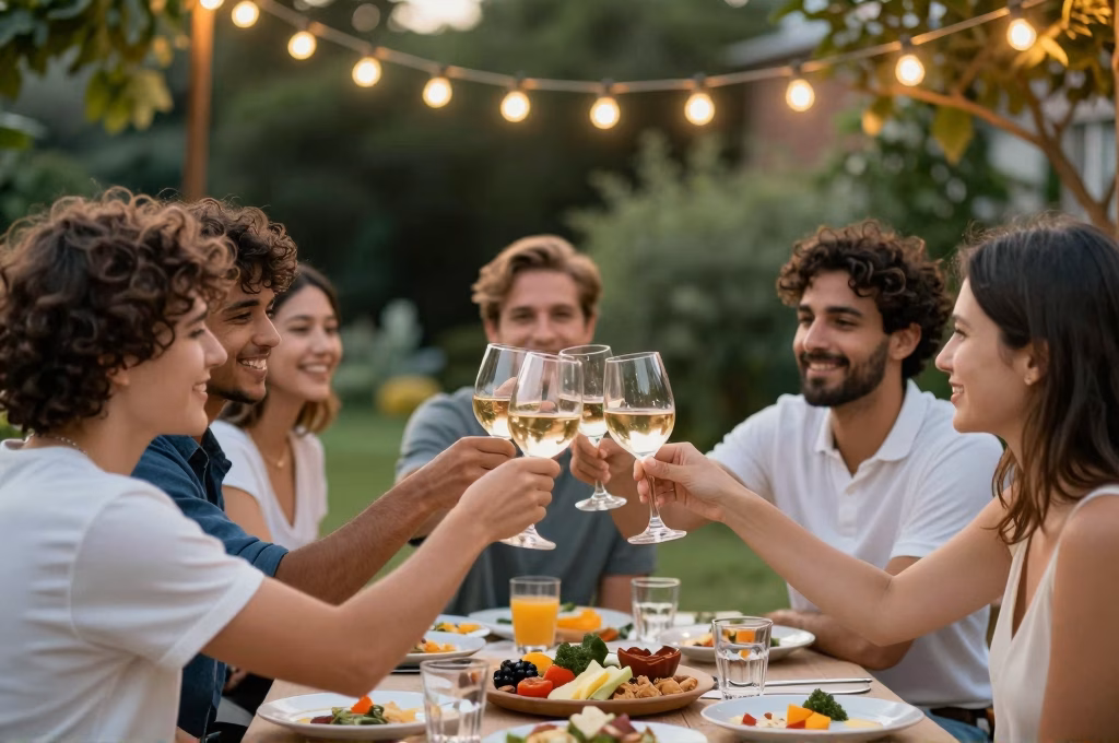 Amis reunis en terrasse pour un aperitif terroir trinquant avec verres de vin et produits locaux