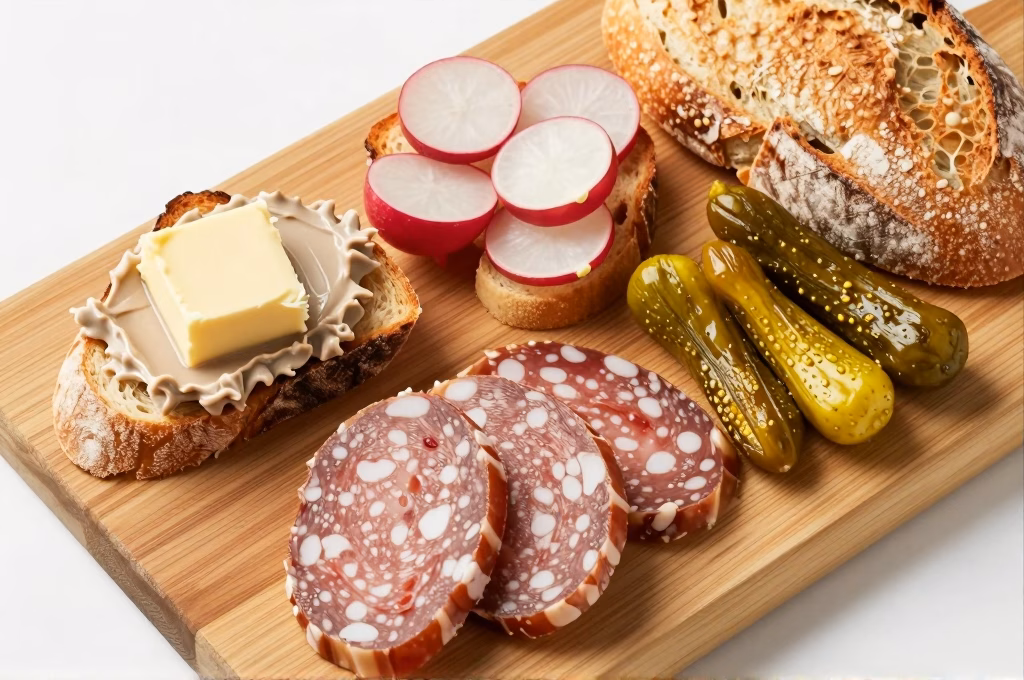 Planche apero de produits du terroir avec saucisson rillettes cornichons radis et pain de campagne