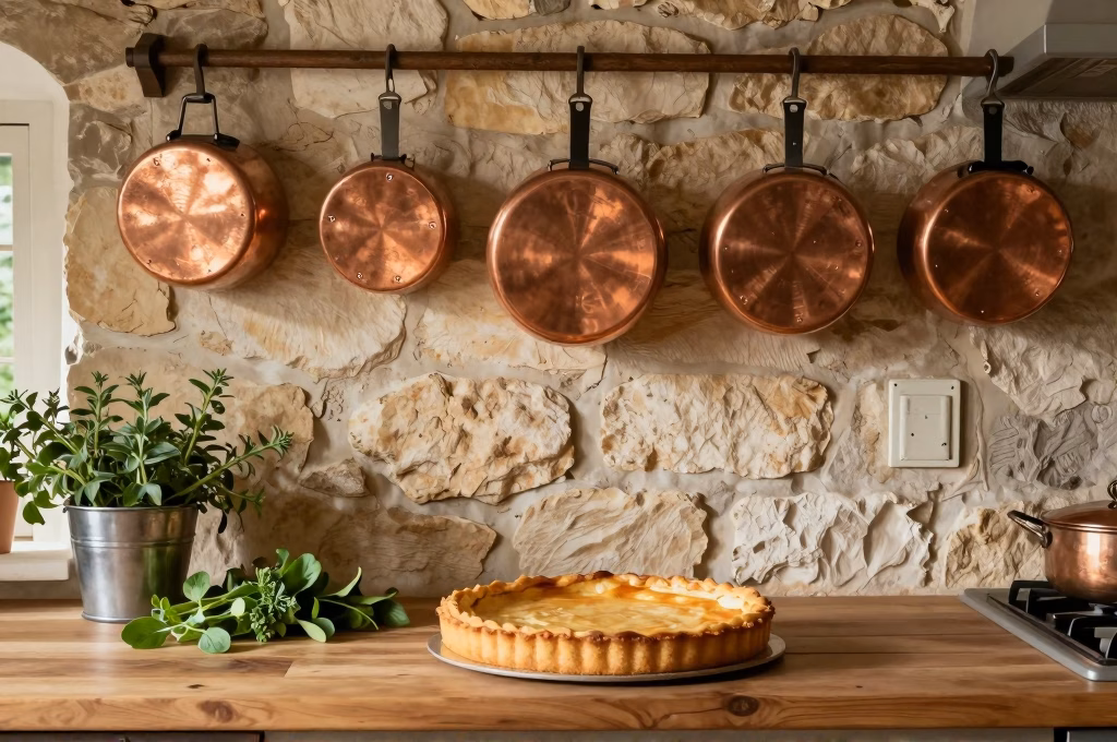 Cuisine traditionnelle française avec ustensiles en cuivre et pâtisseries maison