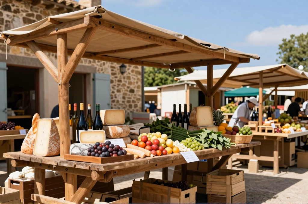Marché de terroir français avec produits artisanaux fromages et vins locaux
