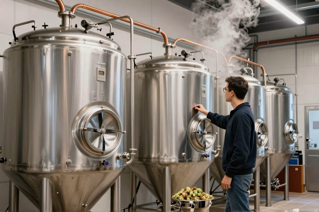 Intérieur d une brasserie artisanale avec cuves de fermentation
