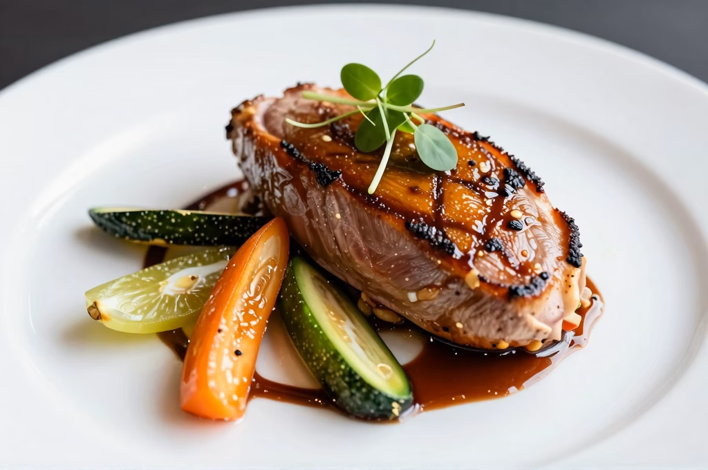 Assiette bistronomique avec dressage créatif et produits de saison