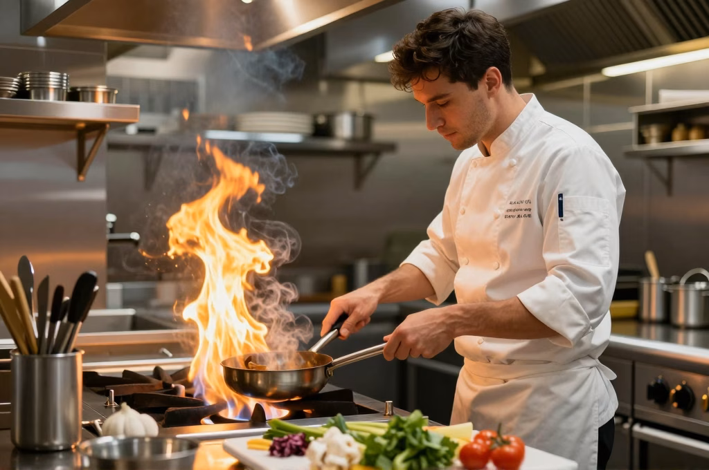 Chef cuisinier dans la cuisine ouverte d un restaurant bistronomique