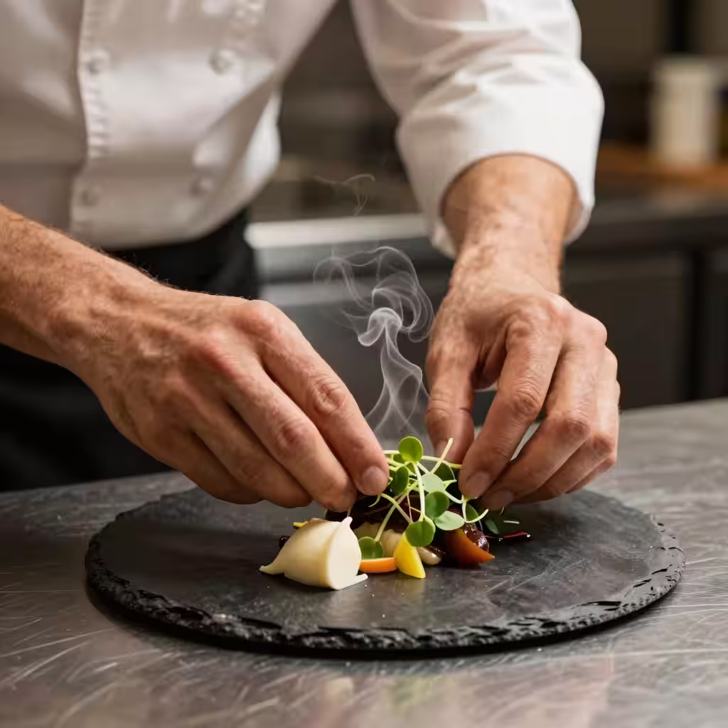 Assiette bistronomique dressée avec des produits du terroir français de saison