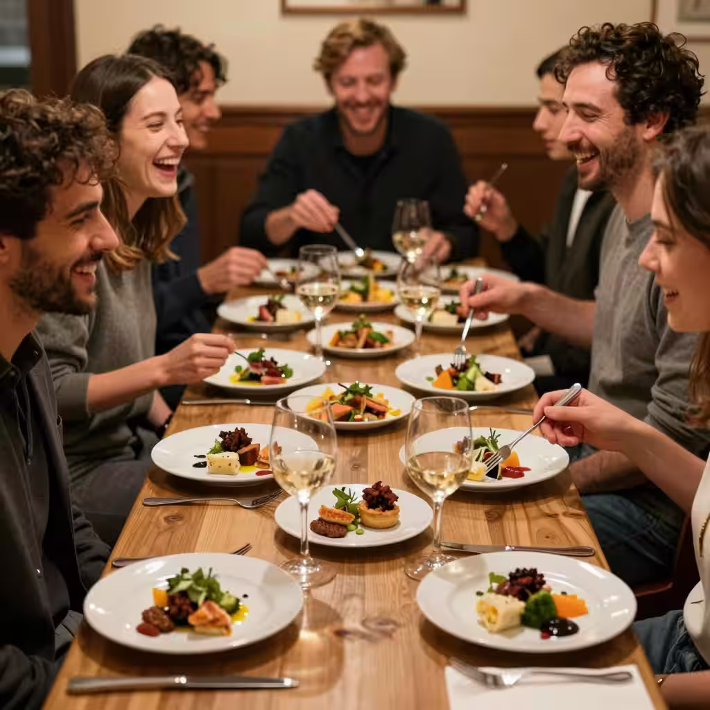Intérieur chaleureux d'un bistrot gastronomique parisien avec ardoise du jour et tables en bois
