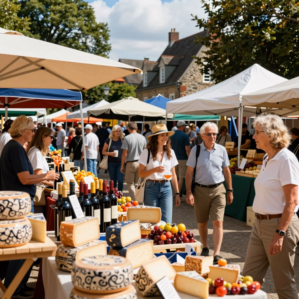 Marche de fete du terroir avec etals de produits locaux et fromages artisanaux