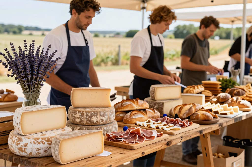 Marché artisanal de produits du terroir avec fromages et charcuterie