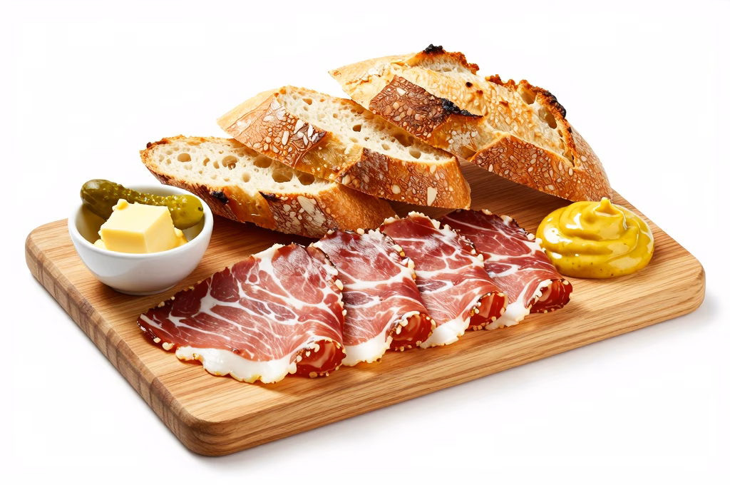 Dégustation de jambon régional tranché finement avec pain et condiments