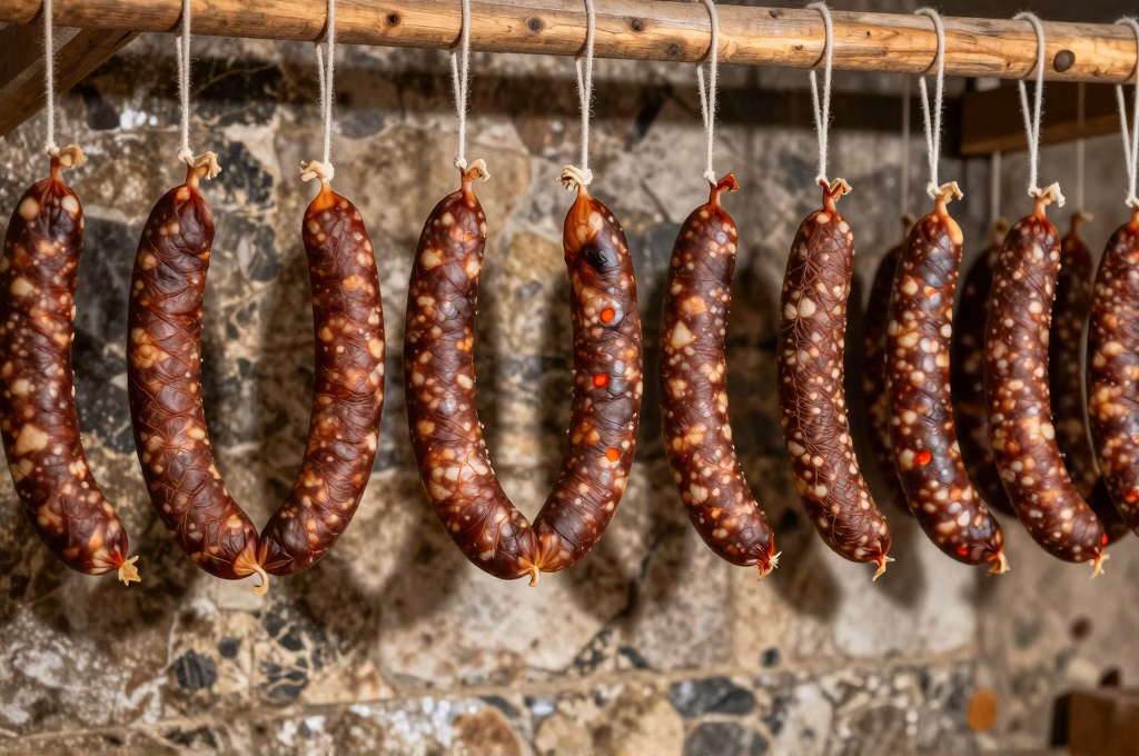 Séchoir à saucissons artisanaux dans une cave traditionnelle en pierre