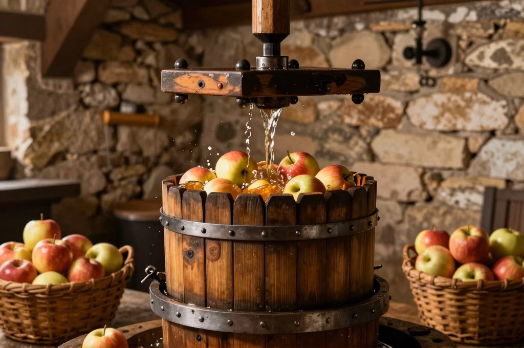 Pressoir traditionnel écrasant les pommes pour la fabrication du cidre