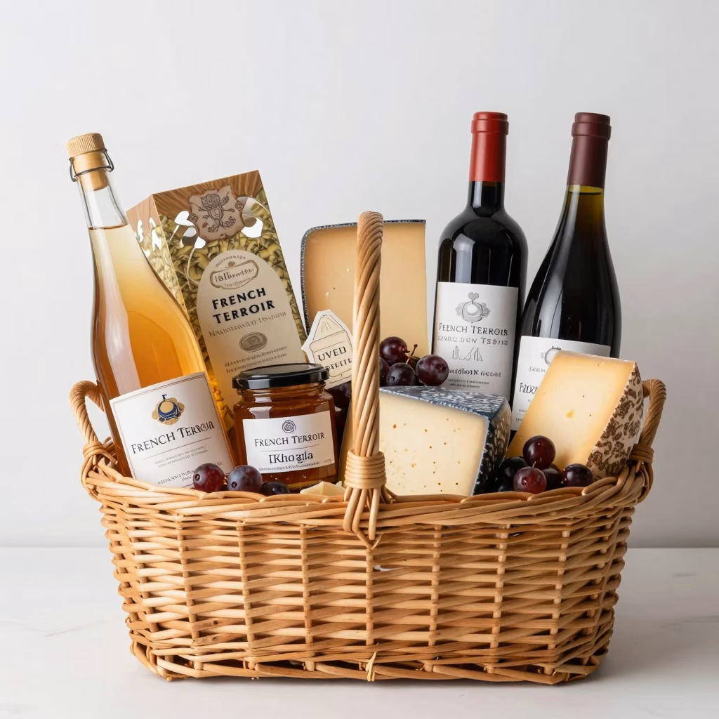 Panier gourmand produits terroir francais coffret cadeau fromage vin miel confiture charcuterie