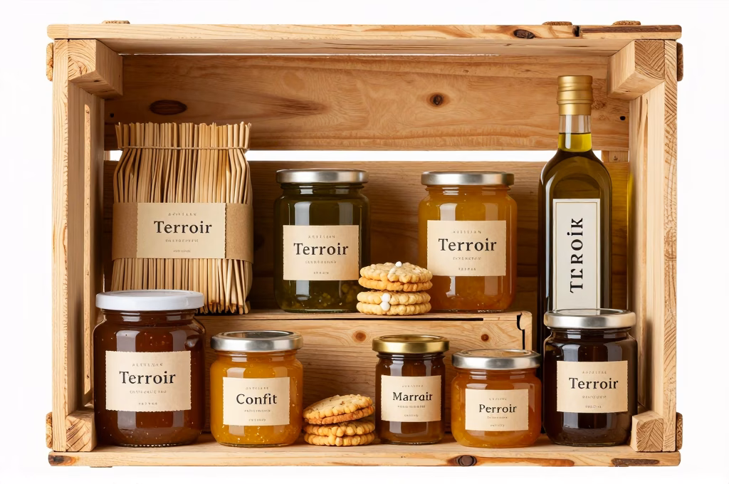 Caisse en bois garnie de produits artisanaux du terroir miel confit et biscuits
