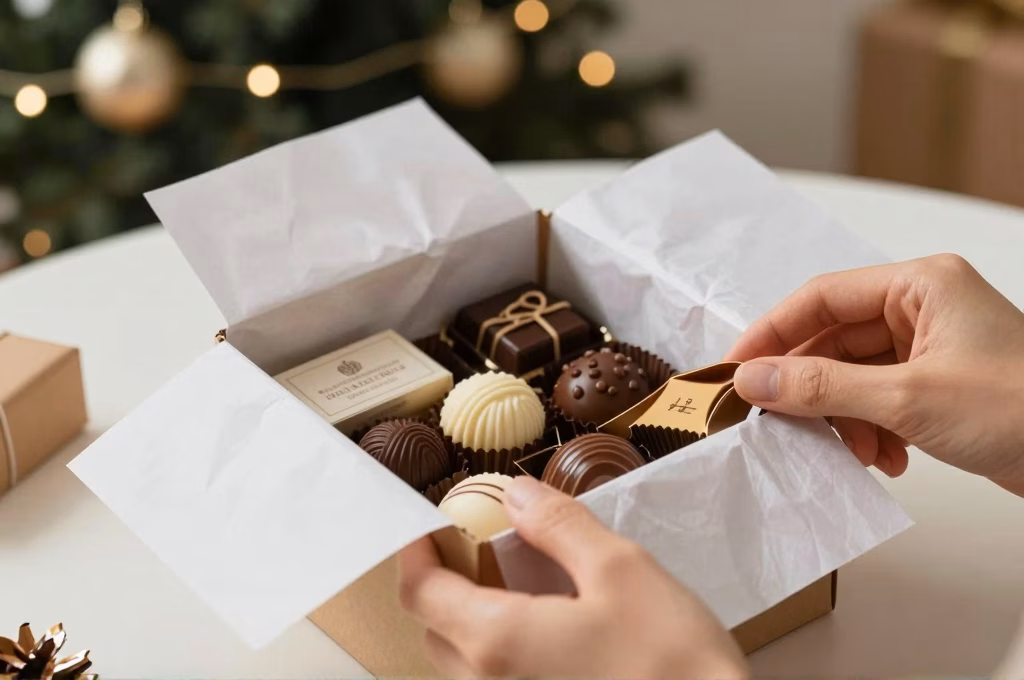 Moment de découverte d'un coffret gourmand pour une occasion festive