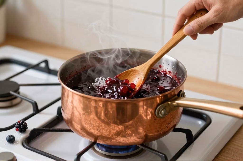 Cuisson de confiture artisanale dans une bassine en cuivre traditionnelle