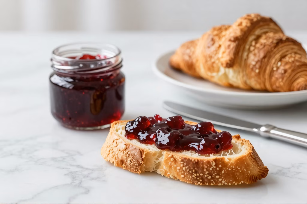 Tartine de confiture artisanale au petit-déjeuner avec croissants
