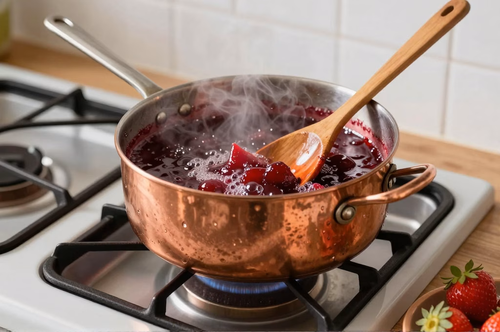 Préparation de confiture artisanale dans une bassine en cuivre avec fruits frais