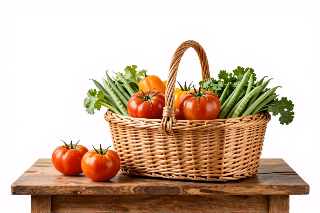 Récolte du potager avec légumes frais dans un panier pour mise en conserve