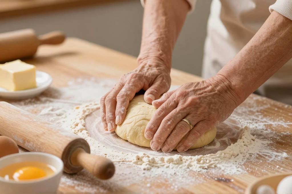 Préparation artisanale de pâte à tarte dans une cuisine de campagne