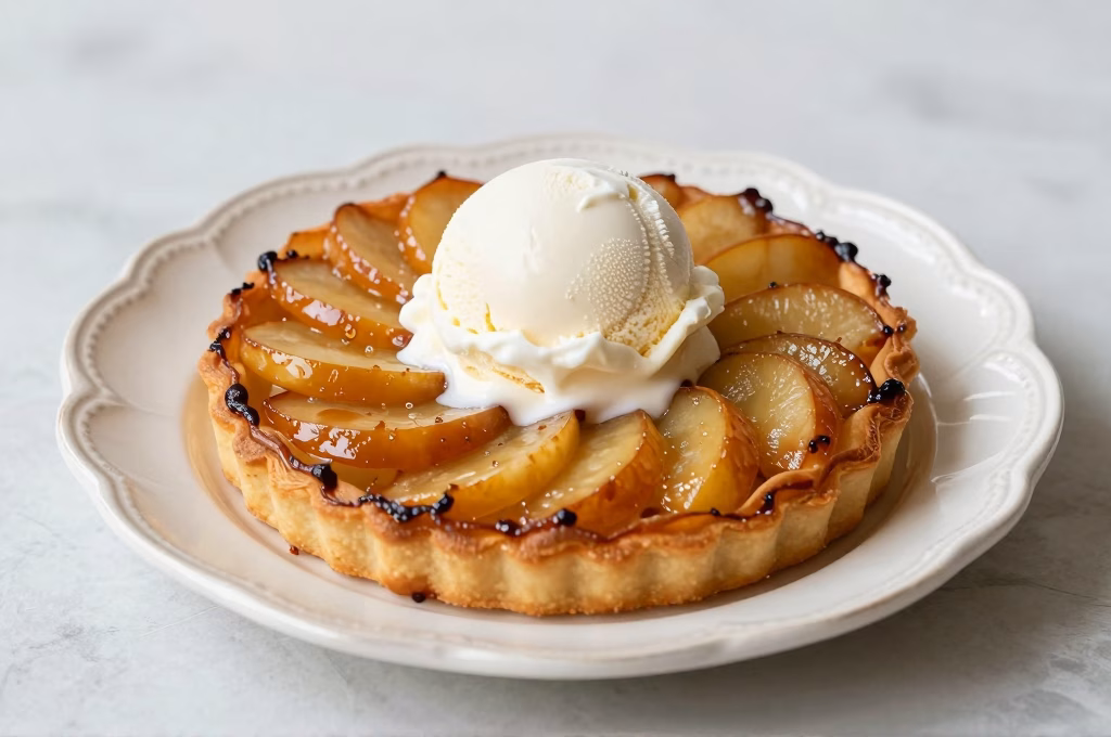 Tarte Tatin caramélisée servie avec une boule de glace vanille