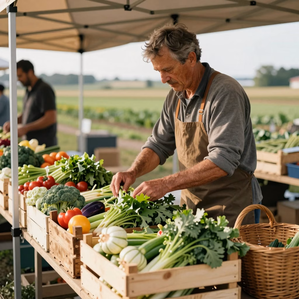 Producteur installant son stand de marche avec legumes et produits fermiers frais