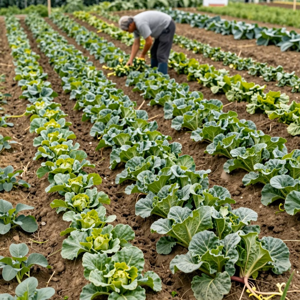 Exploitation maraichere avec cultures de legumes et producteur au travail