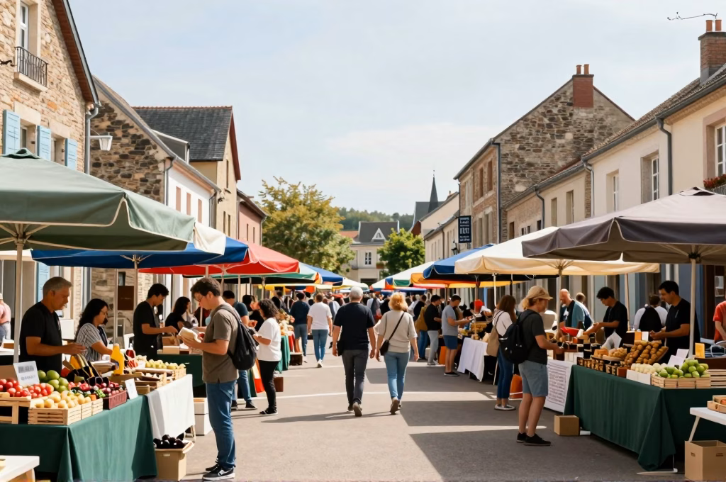 Marché du terroir animé avec visiteurs dégustant les produits des producteurs