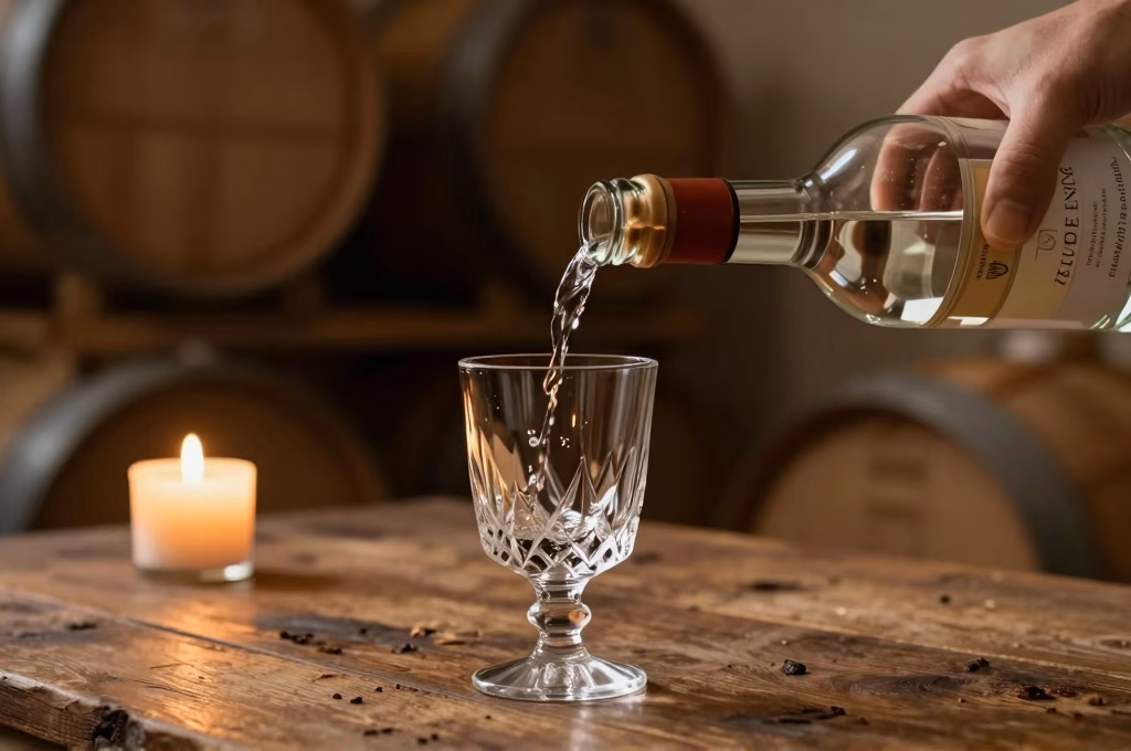 Dégustation d eau-de-vie artisanale dans un verre en cristal