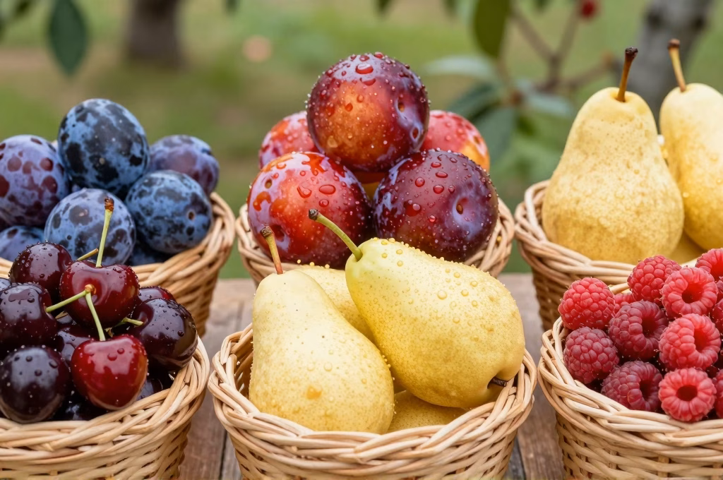 Fruits frais pour eau-de-vie : prunes, cerises, poires et framboises