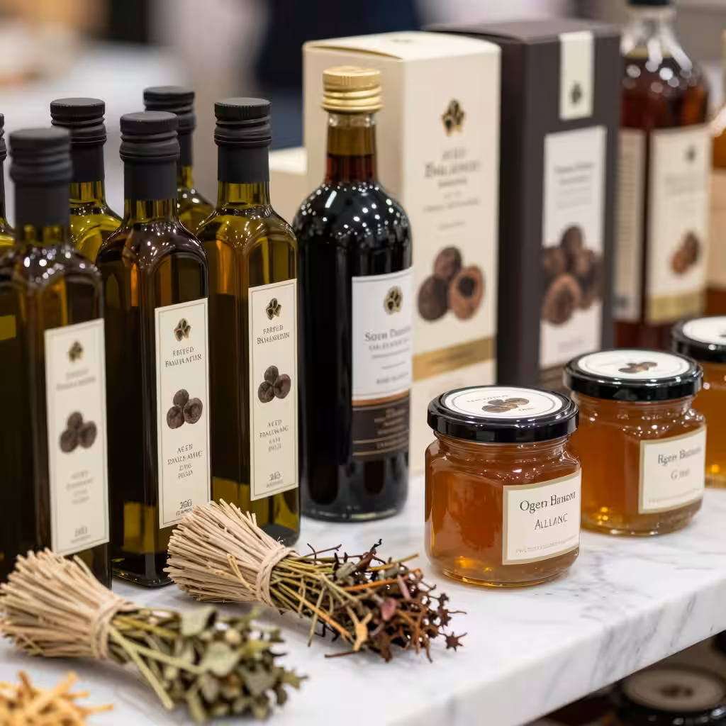 Intérieur d'une épicerie fine de terroir avec étagères de produits artisanaux régionaux