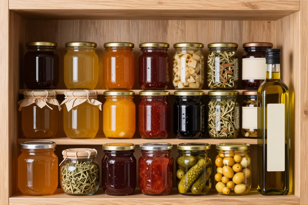 Bocaux artisanaux de miel confitures herbes et conserves alignes sur etagere en bois