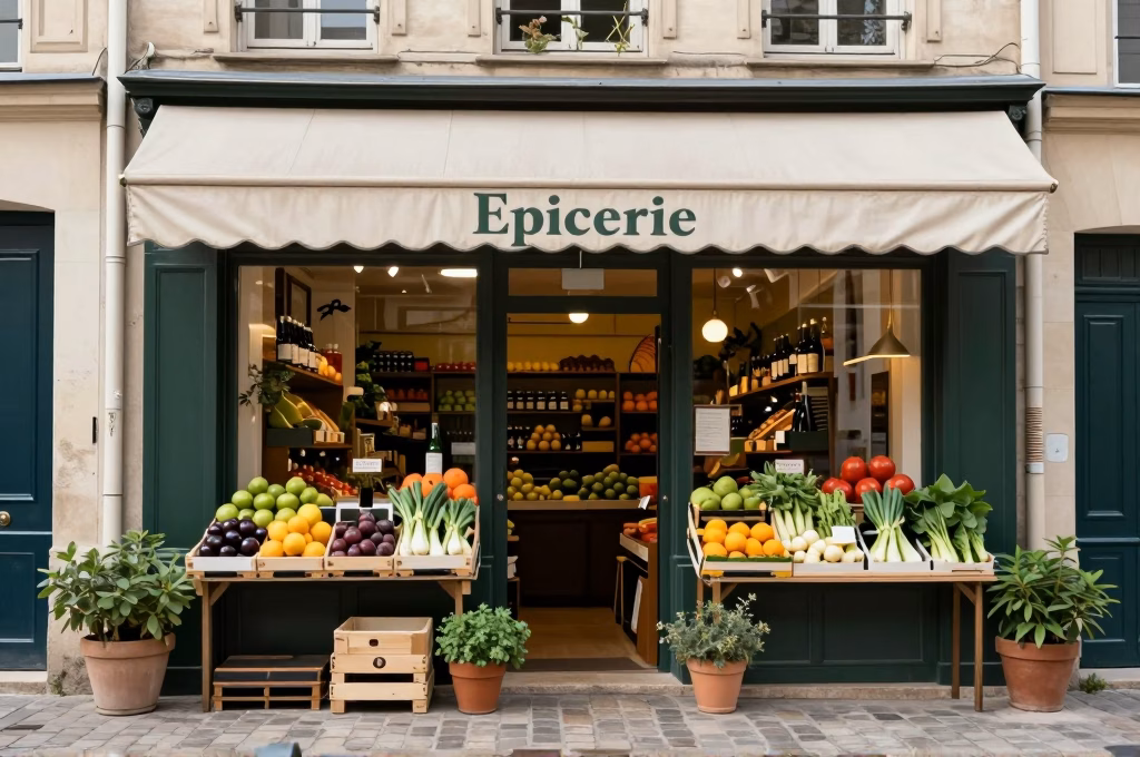 Devanture charmante d une epicerie de quartier avec fruits et legumes frais en exterieur