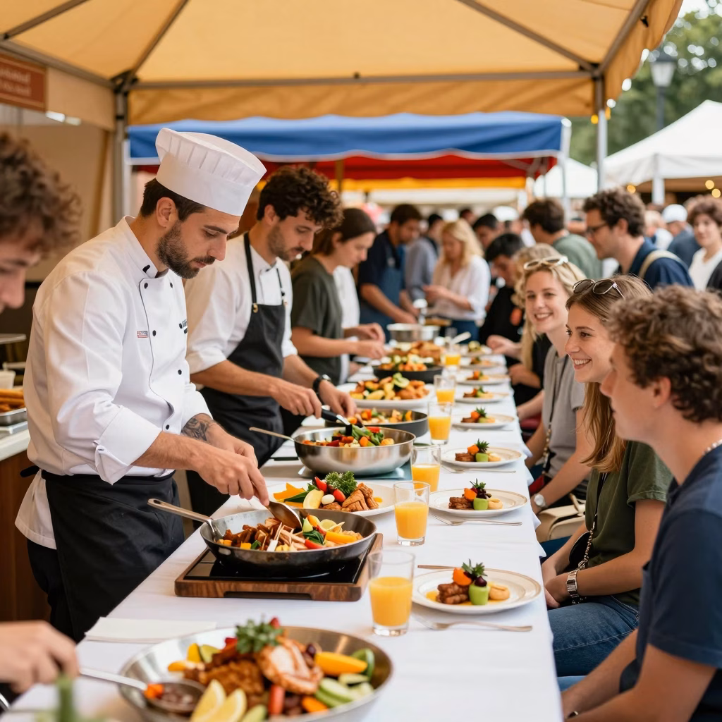 Festival gastronomique en plein air avec stands de cuisine et specialites regionales