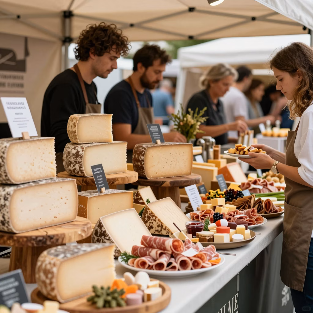 Marche gourmand lors d'un festival gastronomique avec fromages et charcuteries artisanales