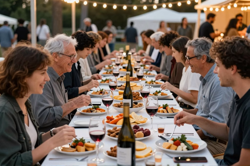 Table conviviale lors d un repas partagé au festival gastronomique