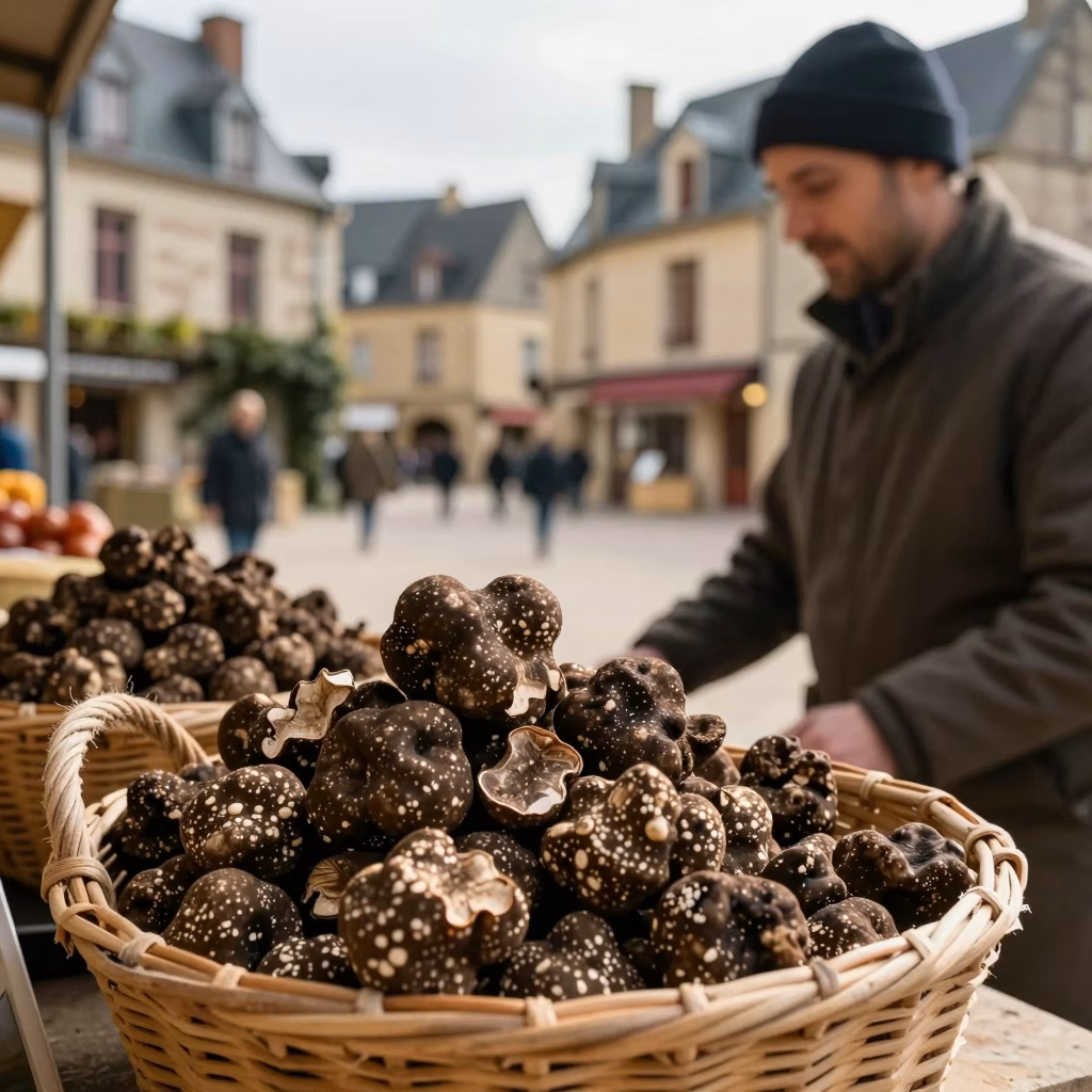 Marche truffier en plein air dans un village medieval du Perigord