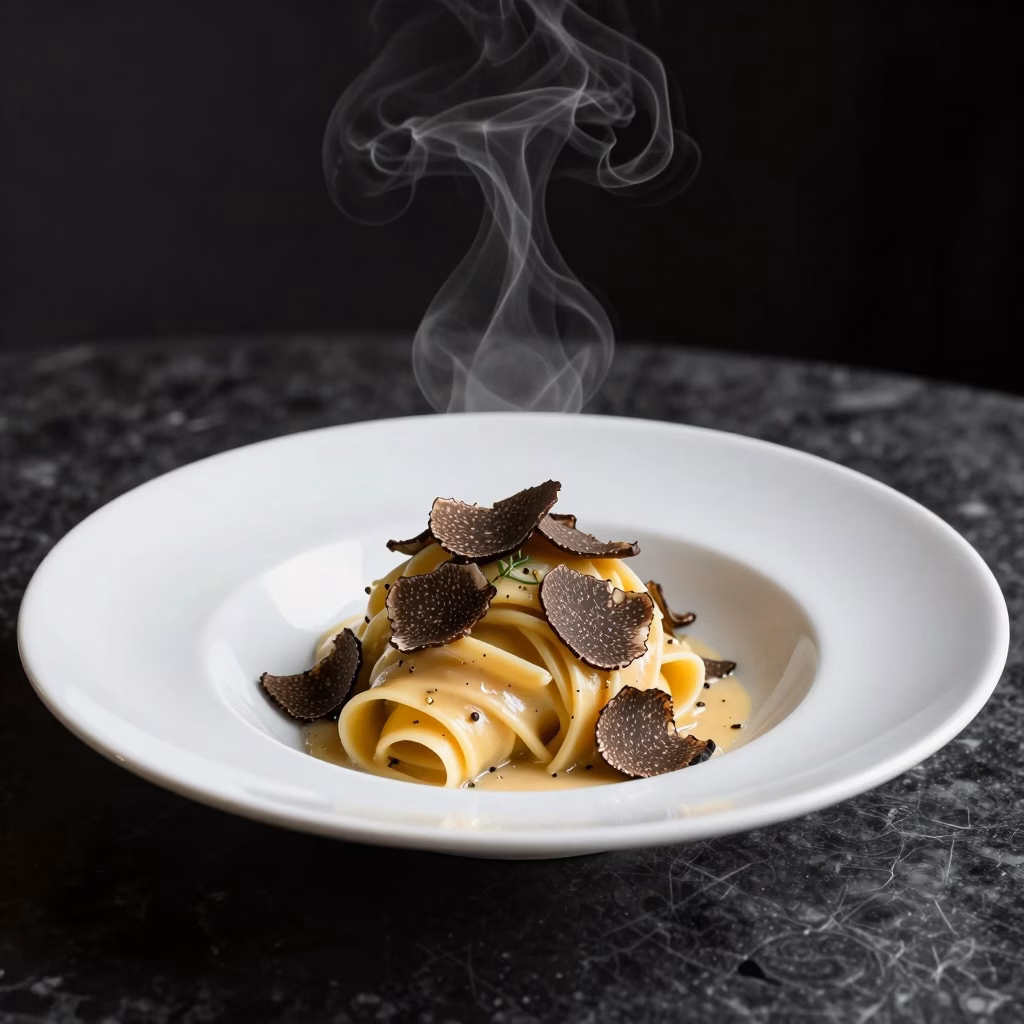 Plat gastronomique de pates fraiches aux copeaux de truffe noire