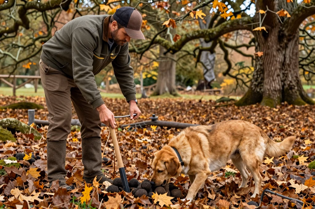 Chien truffier cherchant des truffes dans une chênaie en automne