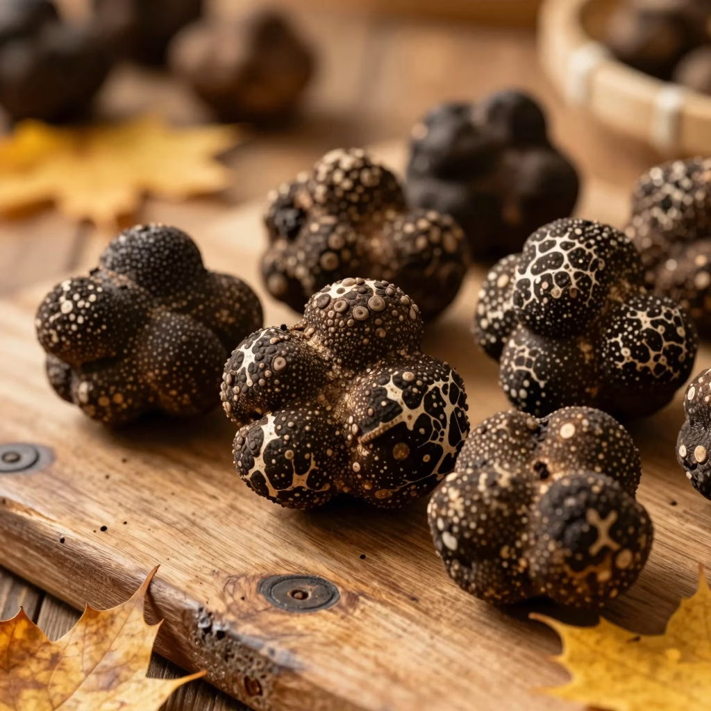Truffe noire du Perigord sur table en bois rustique avec feuilles d'automne
