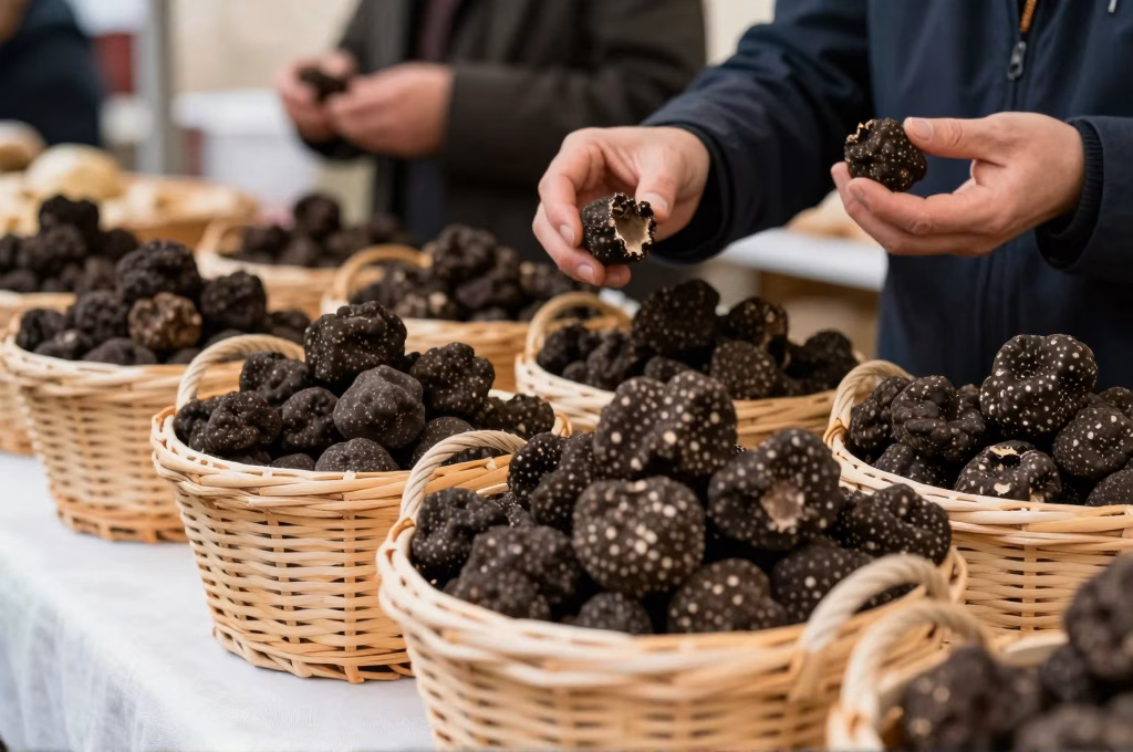 Marché aux truffes hivernal avec paniers et acheteurs examinant les truffes