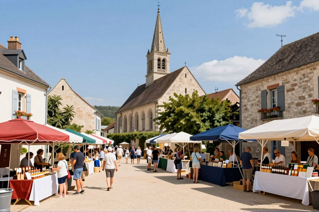 Fête du terroir sur la place d un village français avec producteurs locaux