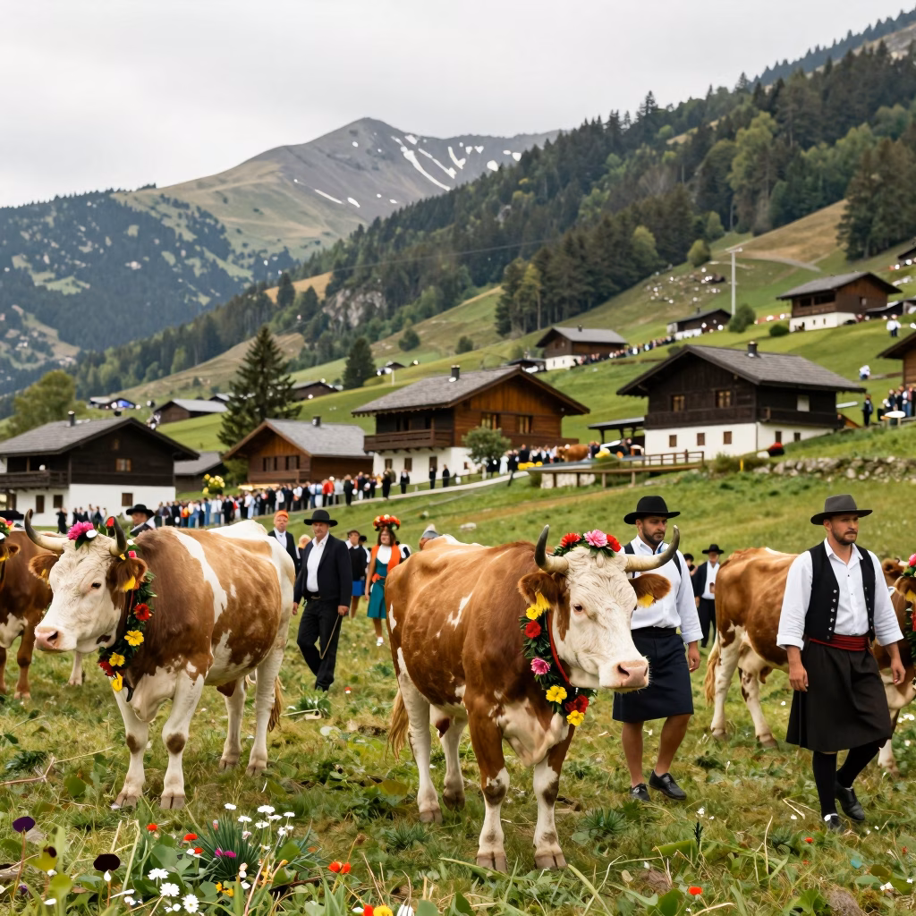 Transhumance traditionnelle avec vaches decorees et bergers en costume