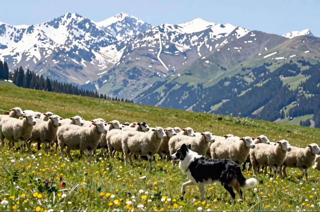 Berger guidant son troupeau dans un pâturage alpin fleuri