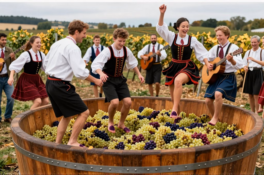Foulage traditionnel du raisin aux pieds lors d une fête des vendanges
