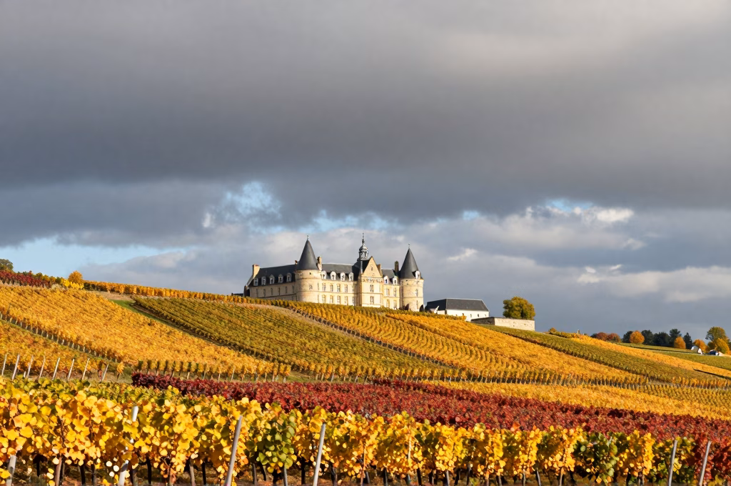 Paysage de vignoble français en automne avec couleurs dorées et château viticole