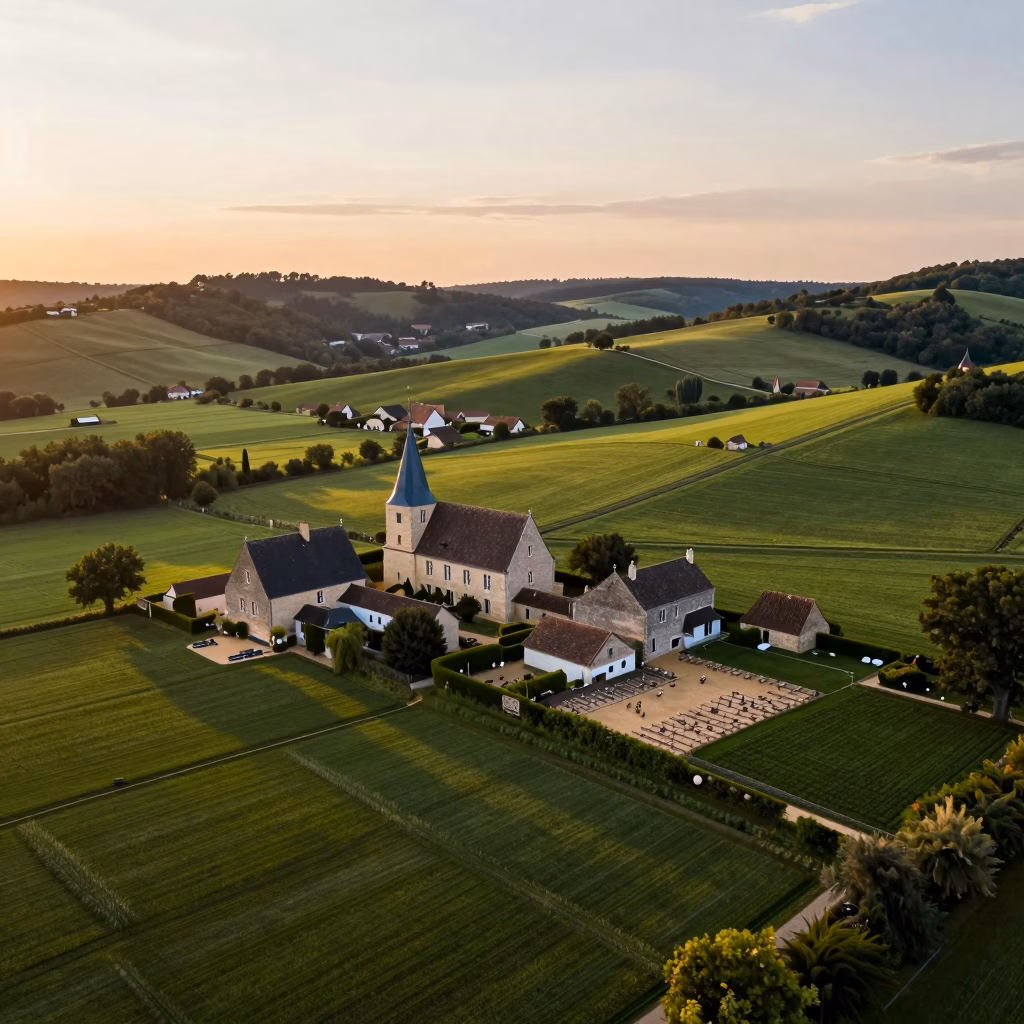 Paysage du Périgord en Dordogne avec fermes traditionnelles et collines verdoyantes
